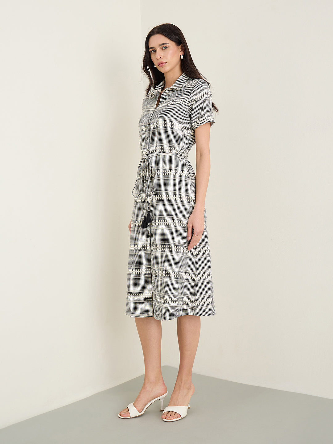 ELLE Women Black Checked Shirt Collar Dress