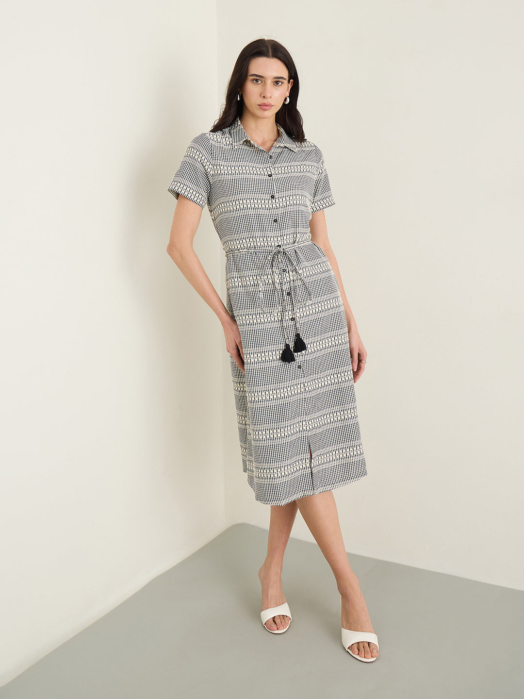 ELLE Women Black Checked Shirt Collar Dress