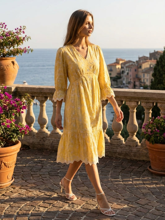 Elle Women Yellow Embroidered Flared Fit Dress