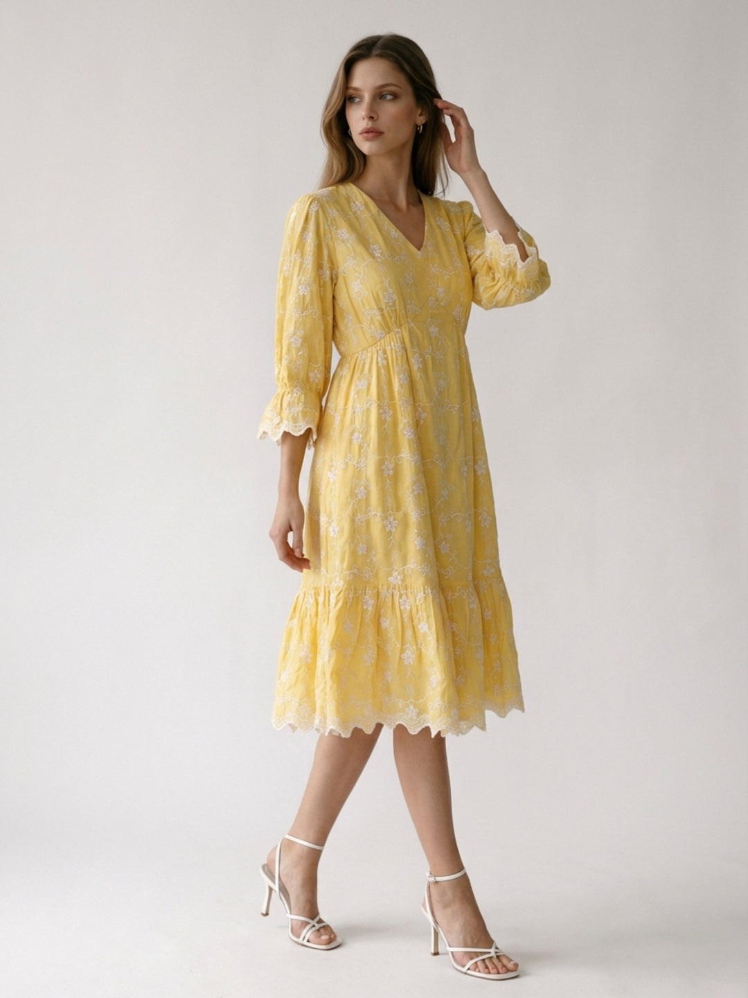 Elle Women Yellow Embroidered Flared Fit Dress