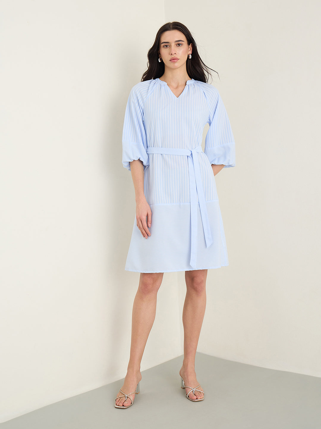 ELLE Women Blue Striped Mandarin Collar Dress