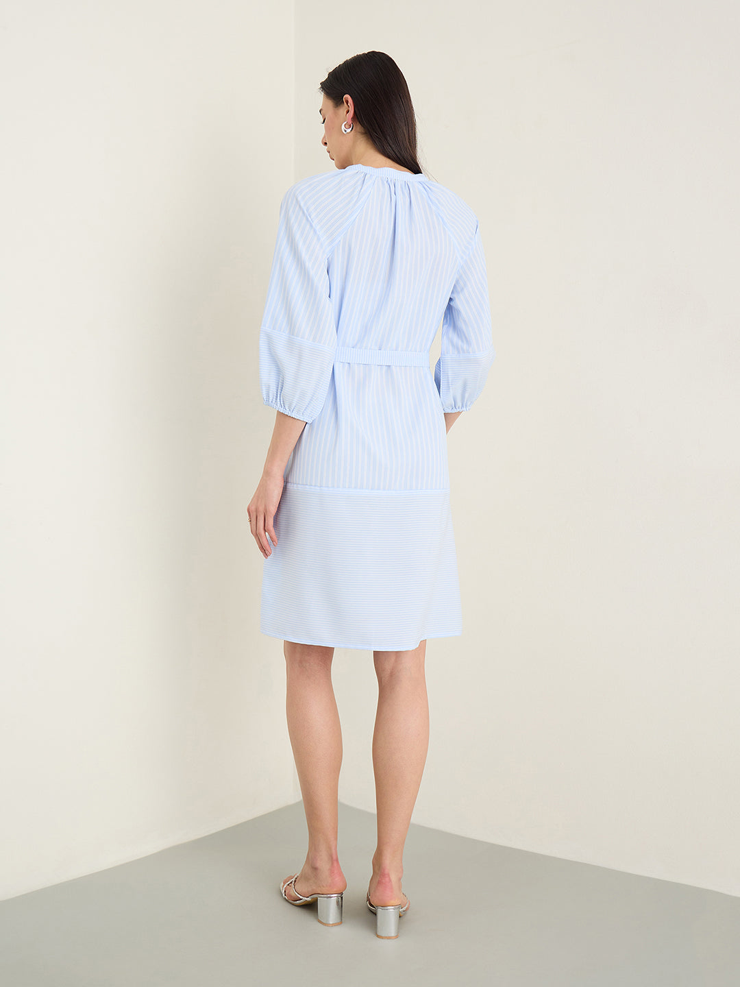ELLE Women Blue Striped Mandarin Collar Dress