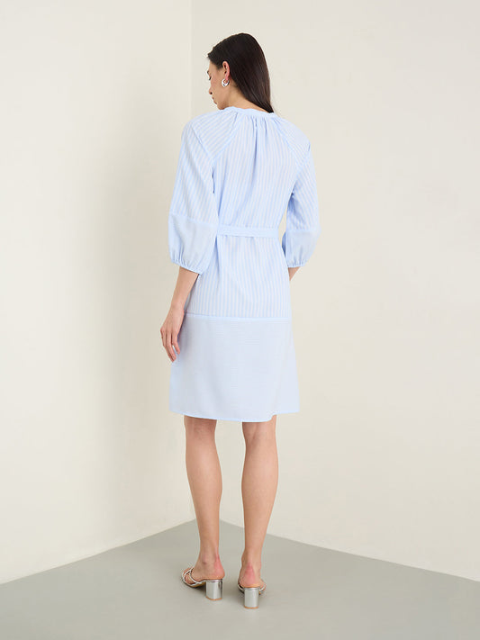 ELLE Women Blue Striped Mandarin Collar Dress