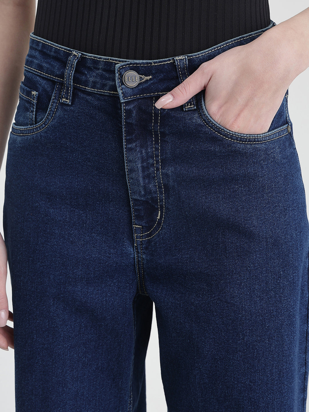 ELLE Women Blue Solid Mom Fit Jeans