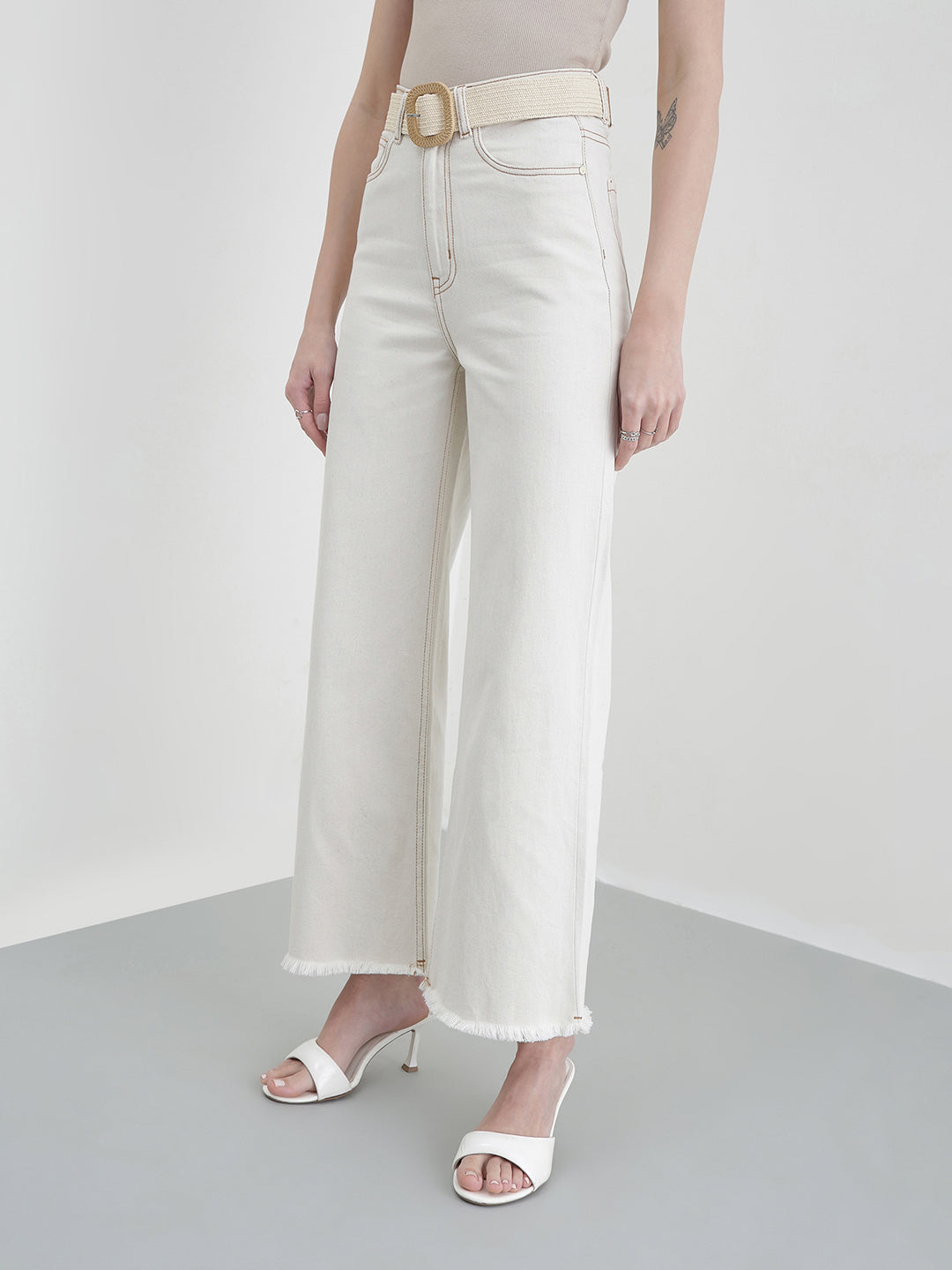 ELLE Women White Solid Flared Fit Jeans