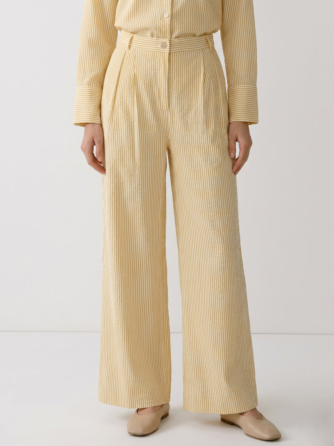 Elle Women Yellow Striped Relaxed Fit High Rise Trousers