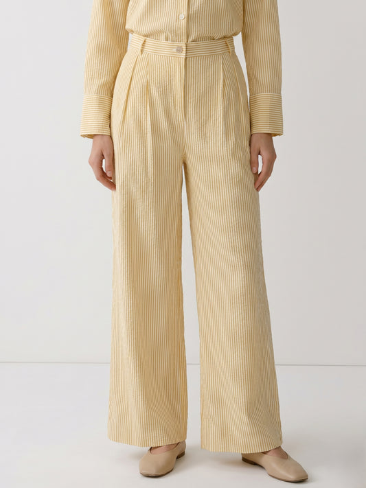 Elle Women Yellow Striped Relaxed Fit High Rise Trousers