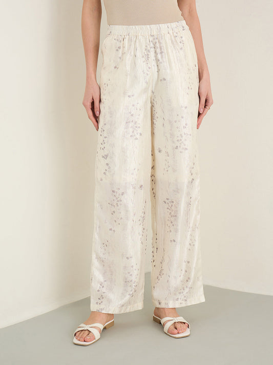 Elle Women Cream Floral Regular Fit Trouser