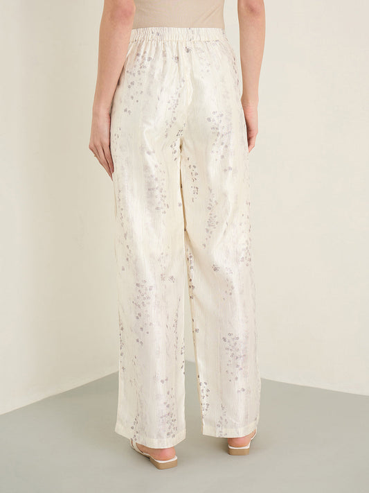 Elle Women Cream Floral Regular Fit Trouser