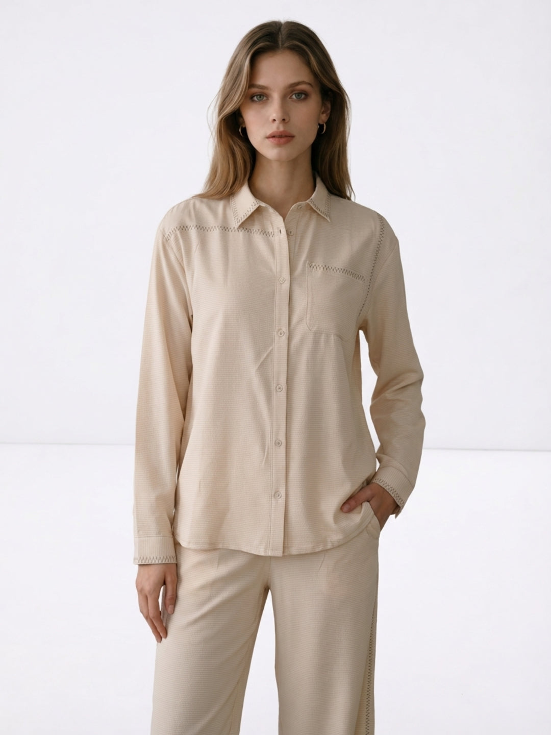Elle Women Beige Solid Relaxed Fit Shirt