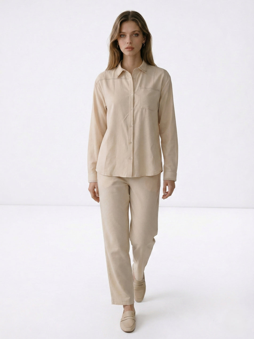 Elle Women Beige Solid Relaxed Fit Shirt