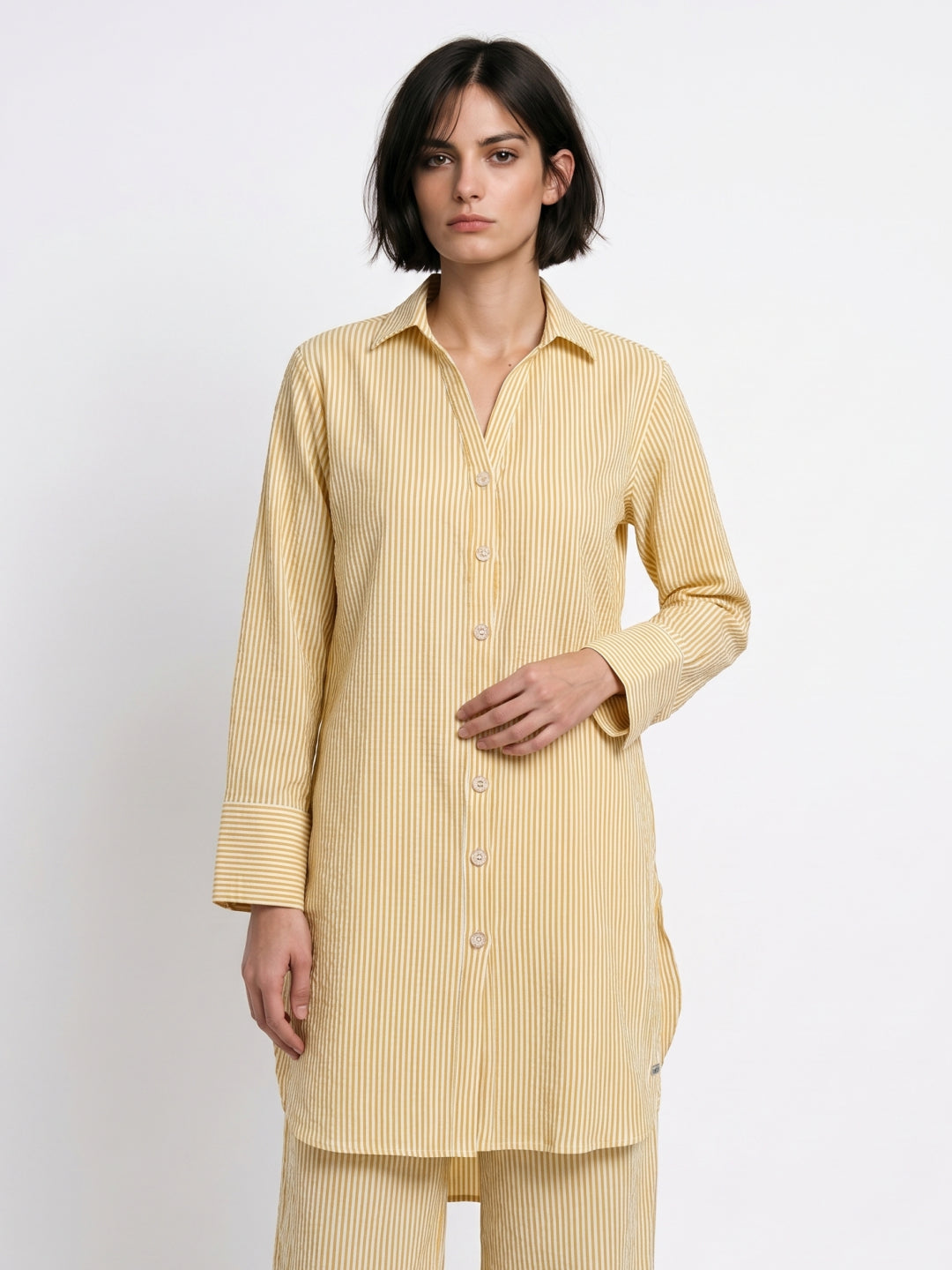 Elle Womens Yellow & White Striped Relaxed Fit Shirt