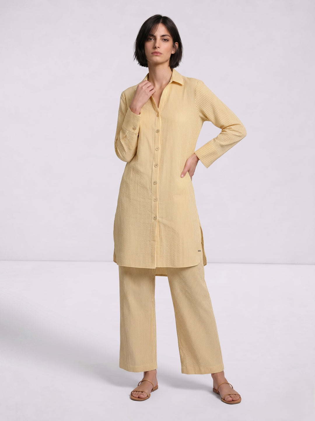 Elle Womens Yellow & White Striped Relaxed Fit Shirt