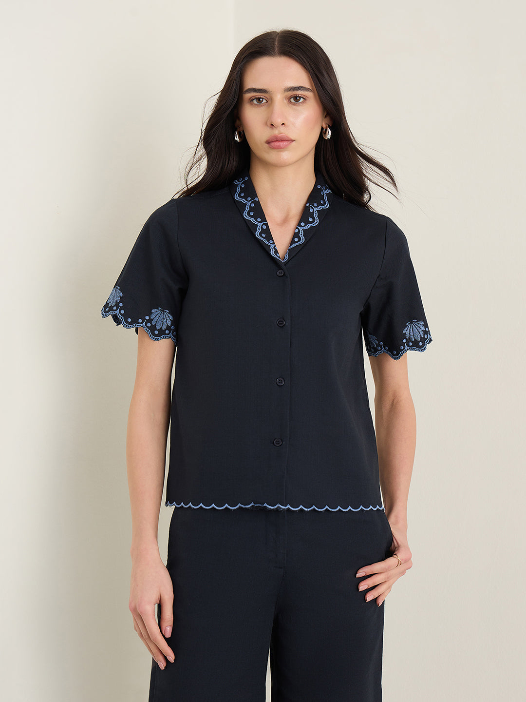 Elle Women Navy Blue Lapel Collar Shirt