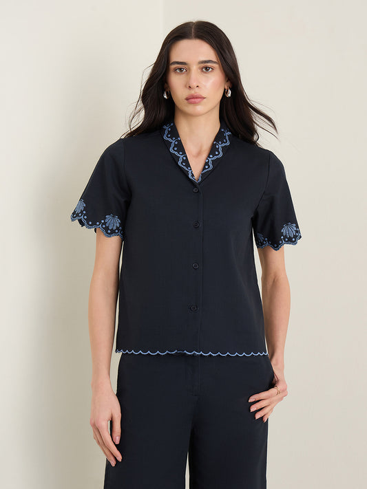 Elle Women Navy Blue Lapel Collar Shirt