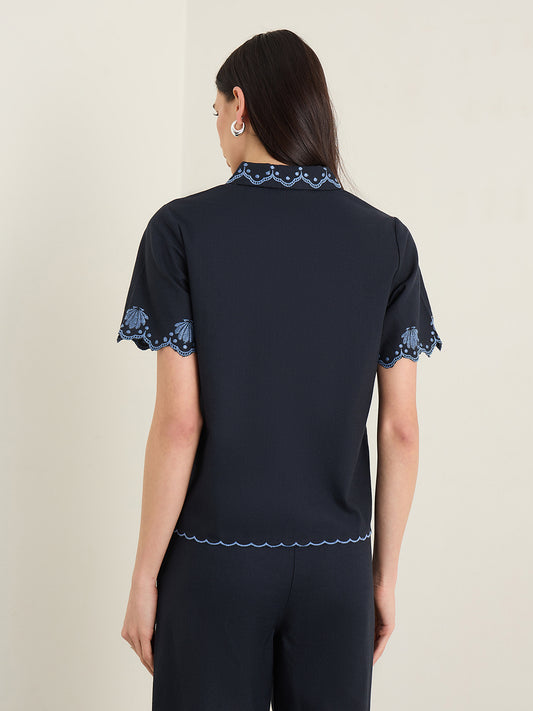 Elle Women Navy Blue Lapel Collar Shirt