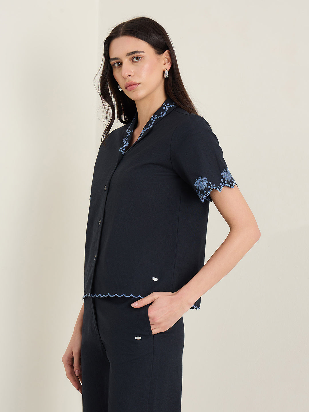 Elle Women Navy Blue Lapel Collar Shirt