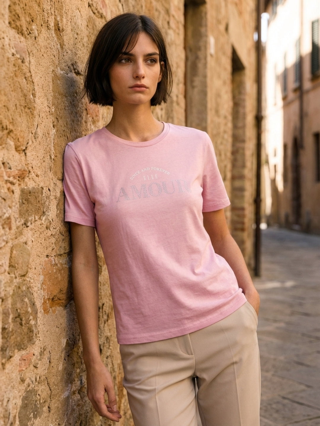 Elle Women Pink Solid Regular Fit Pure Cotton T-Shirt
