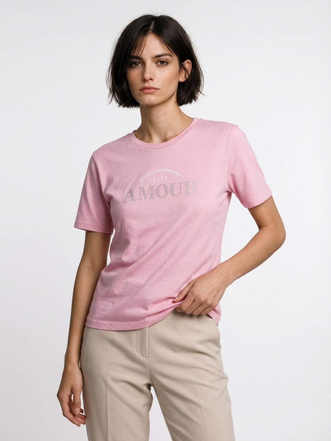 Elle Women Pink Solid Regular Fit Pure Cotton T-Shirt