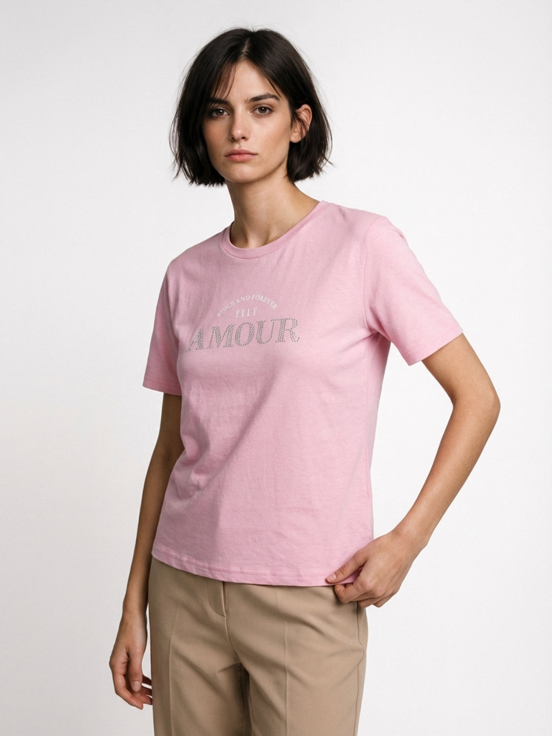 Elle Women Pink Solid Regular Fit Pure Cotton T-Shirt