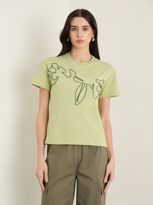 Elle Women Olive Green Printed Boxy Fit Pure Cotton T-Shirt