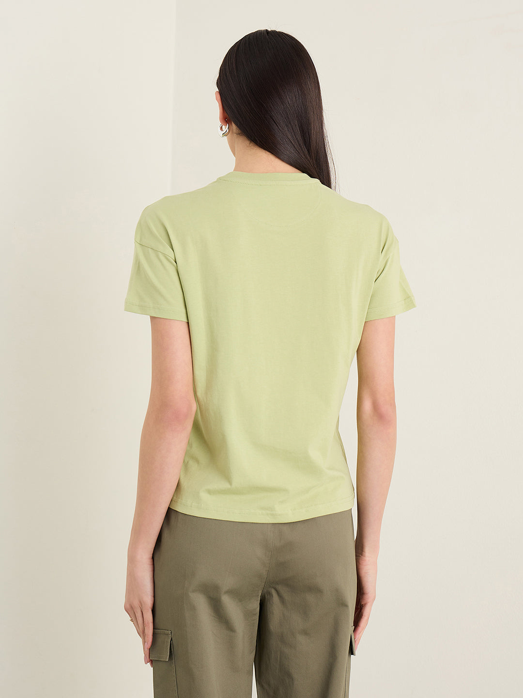 Elle Women Olive Green Printed Boxy Fit Pure Cotton T-Shirt