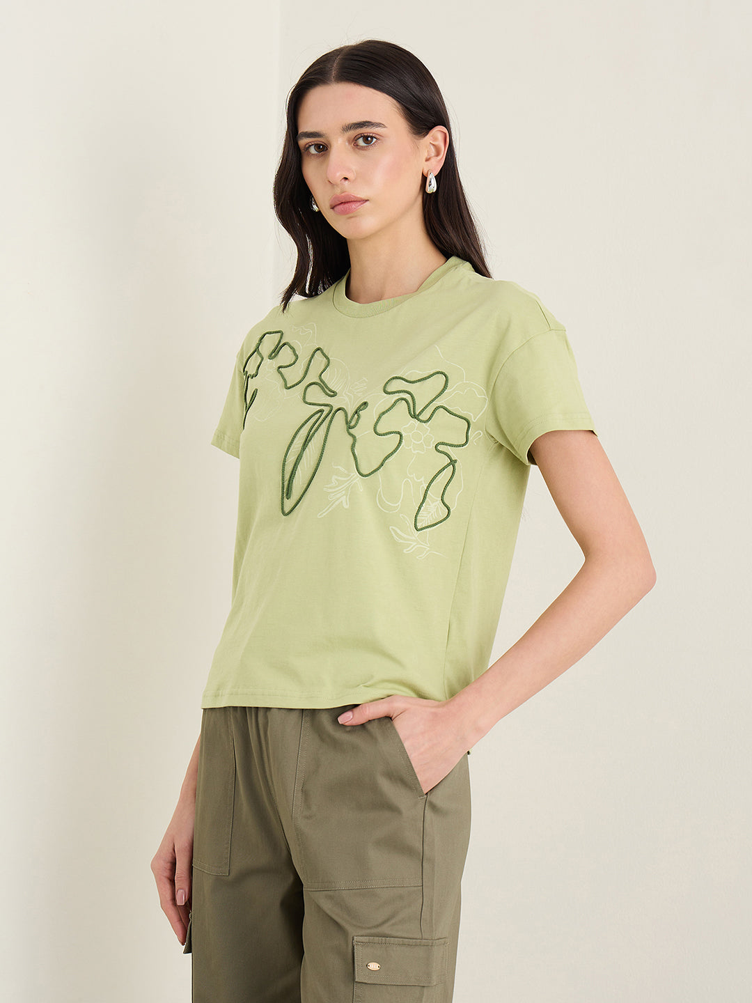 Elle Women Olive Green Printed Boxy Fit Pure Cotton T-Shirt