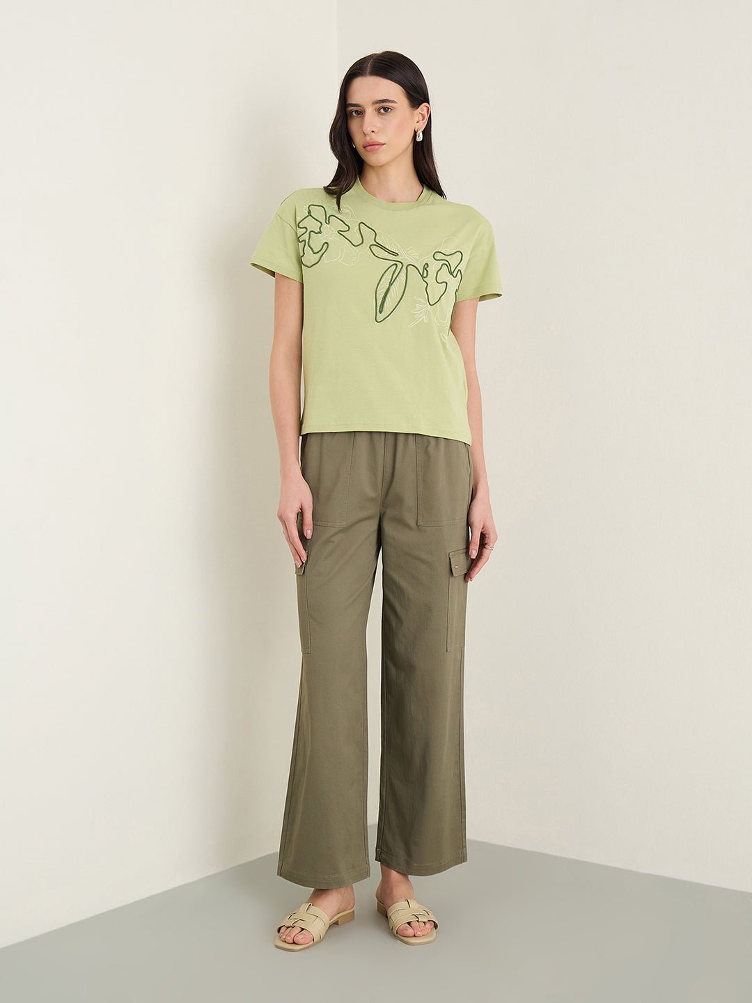 Elle Women Olive Green Printed Boxy Fit Pure Cotton T-Shirt