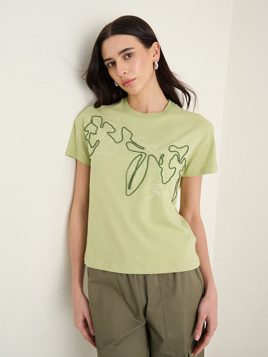 Elle Women Olive Green Printed Boxy Fit Pure Cotton T-Shirt