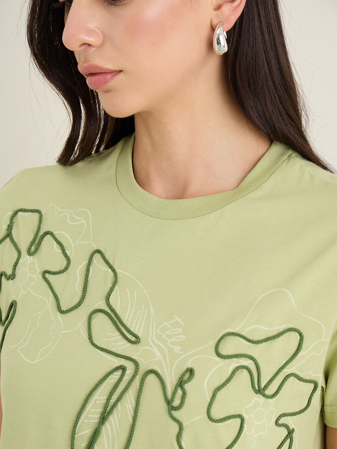 Elle Women Olive Green Printed Boxy Fit Pure Cotton T-Shirt