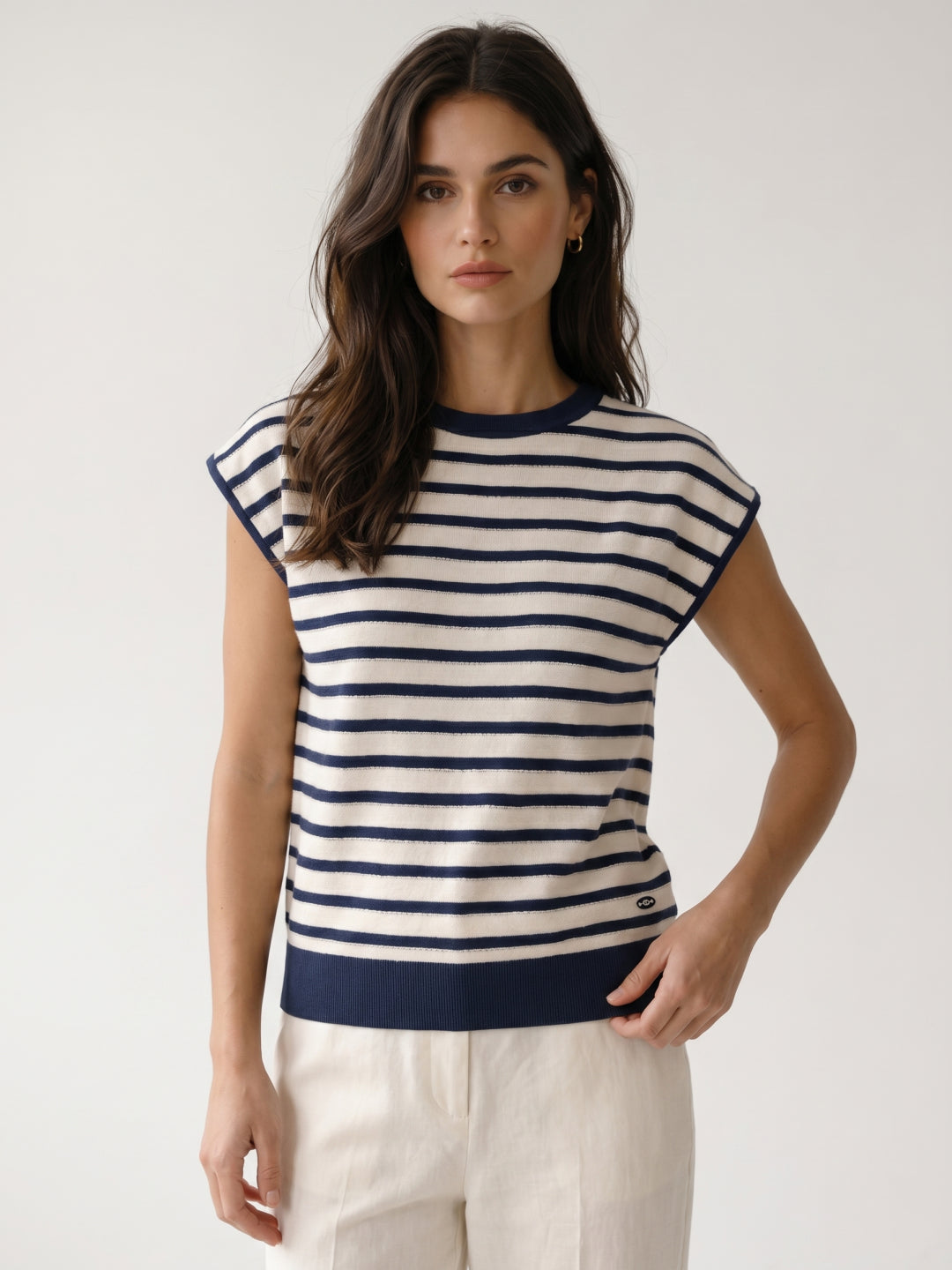 Elle Women Blue & White Striped Regular Fit T-Shirt