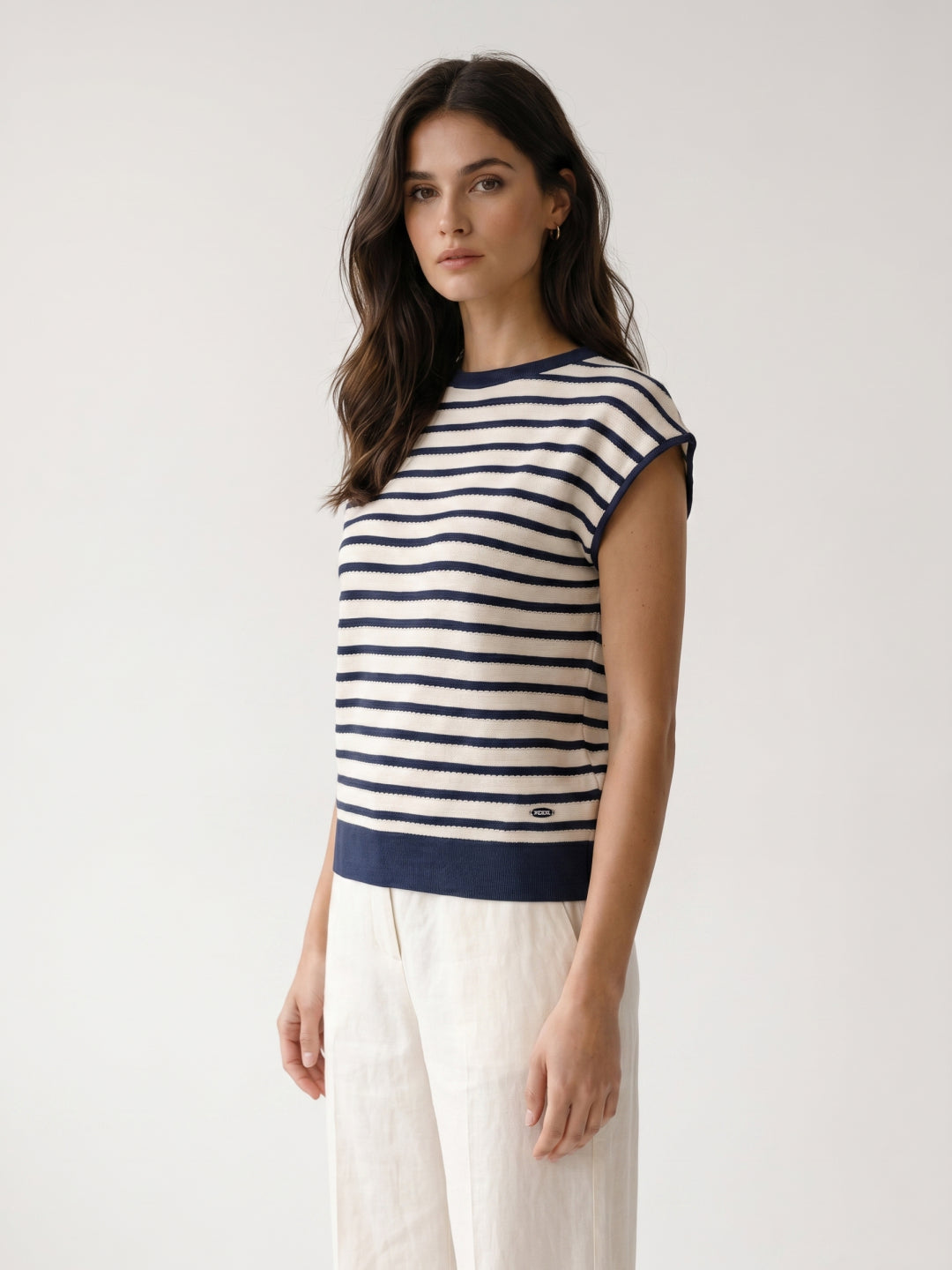 Elle Women Blue & White Striped Regular Fit T-Shirt
