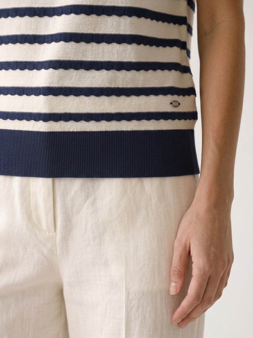 Elle Women Blue & White Striped Regular Fit T-Shirt