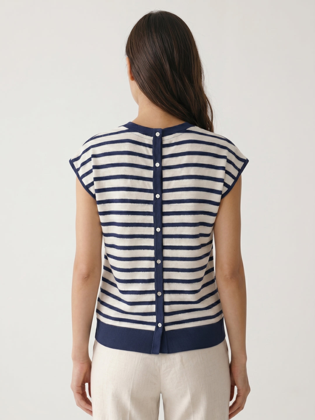 Elle Women Blue & White Striped Regular Fit T-Shirt