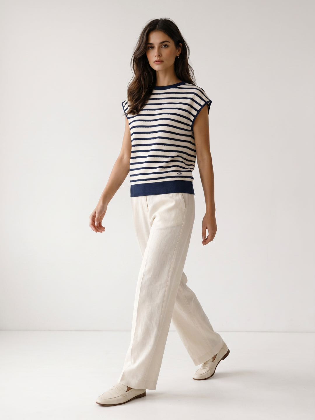 Elle Women Blue & White Striped Regular Fit T-Shirt