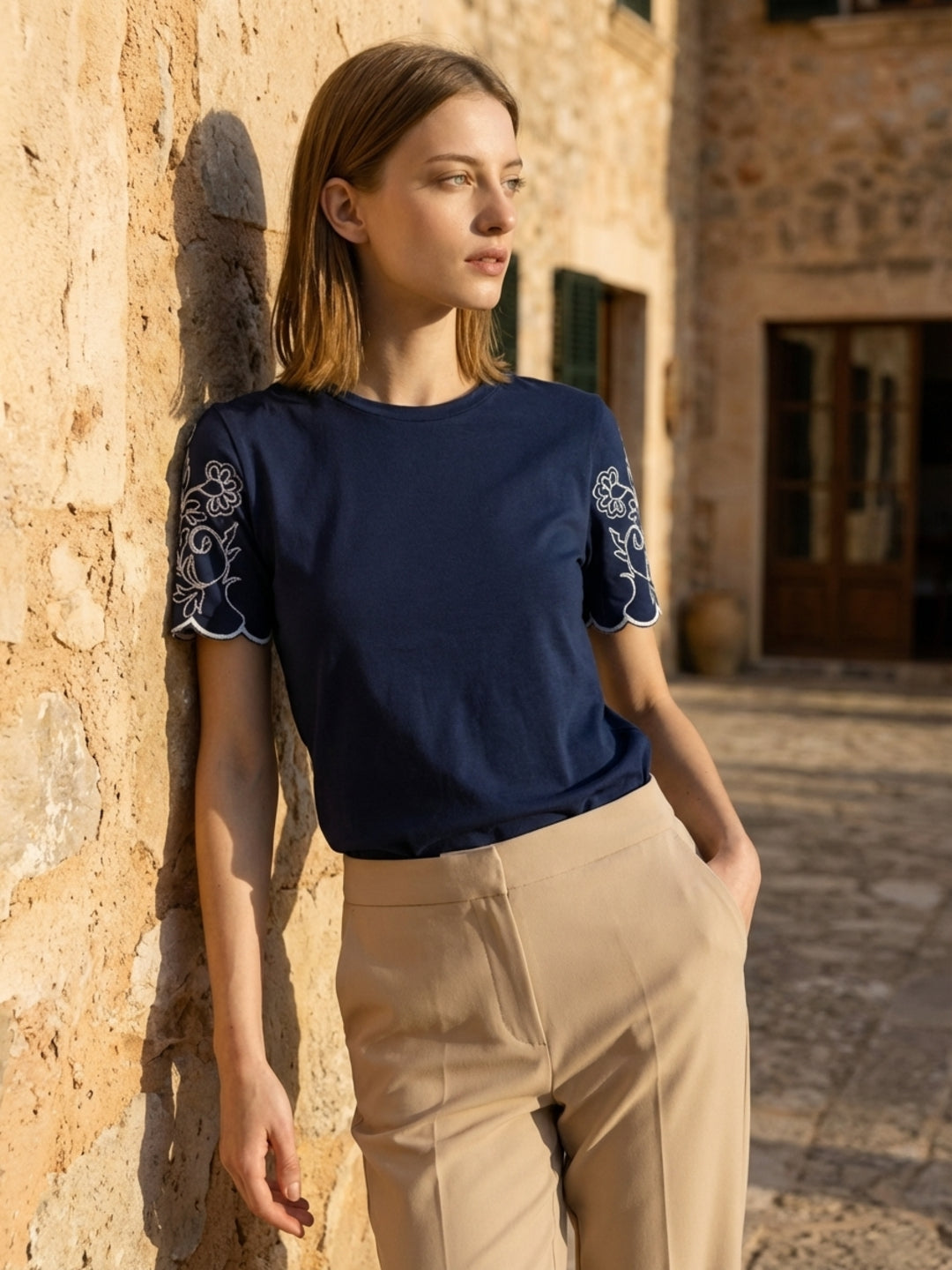 Elle Women Blue Solid Regular Fit Pure Cotton T-Shirt