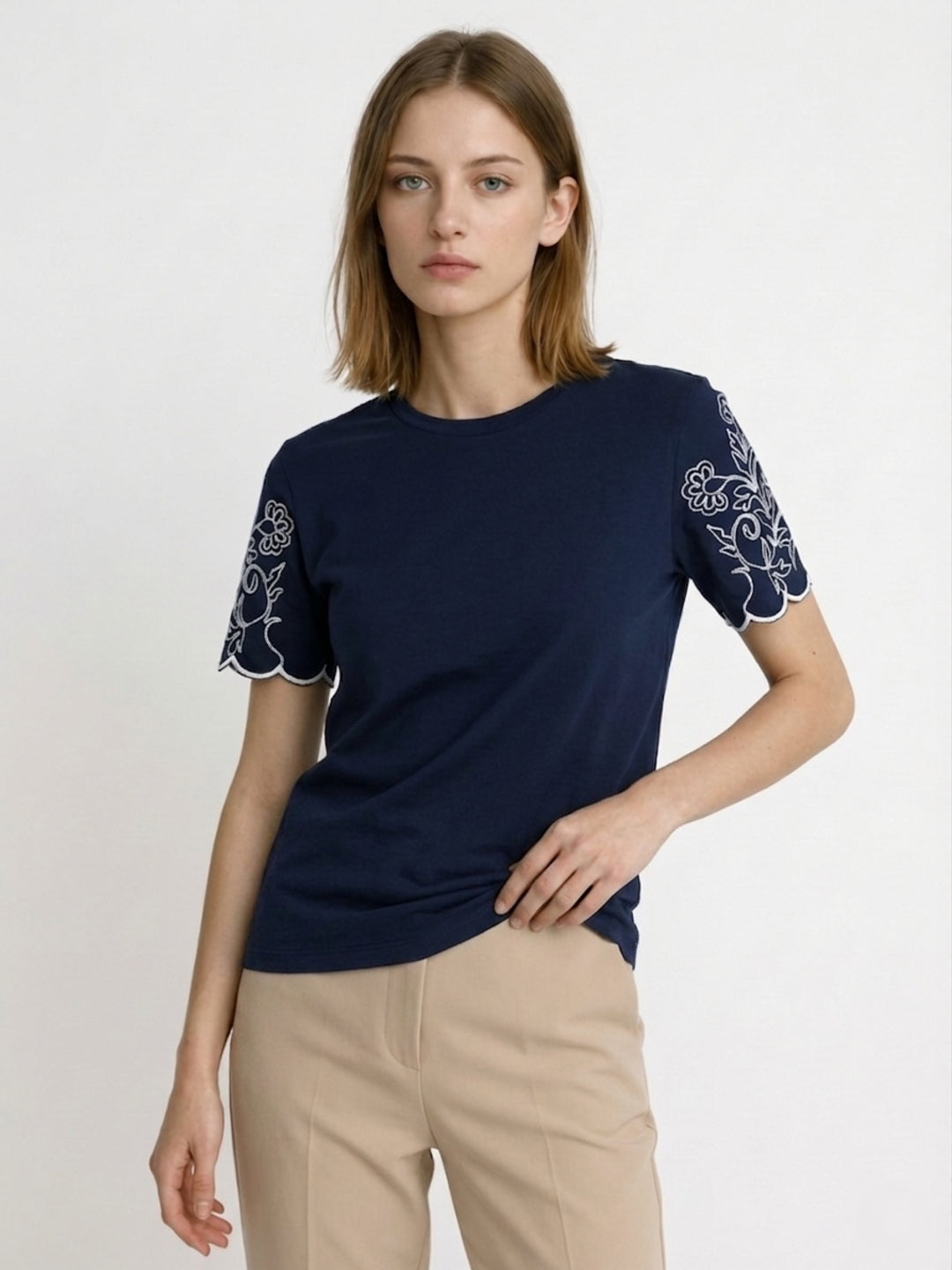 Elle Women Blue Solid Regular Fit Pure Cotton T-Shirt