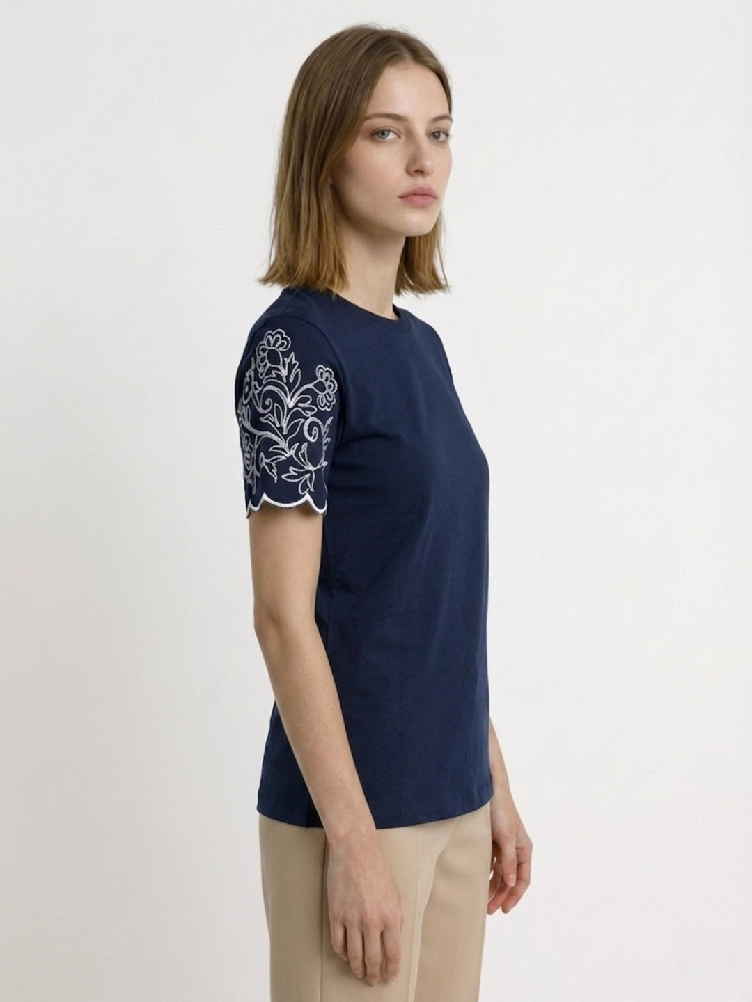 Elle Women Blue Solid Regular Fit Pure Cotton T-Shirt