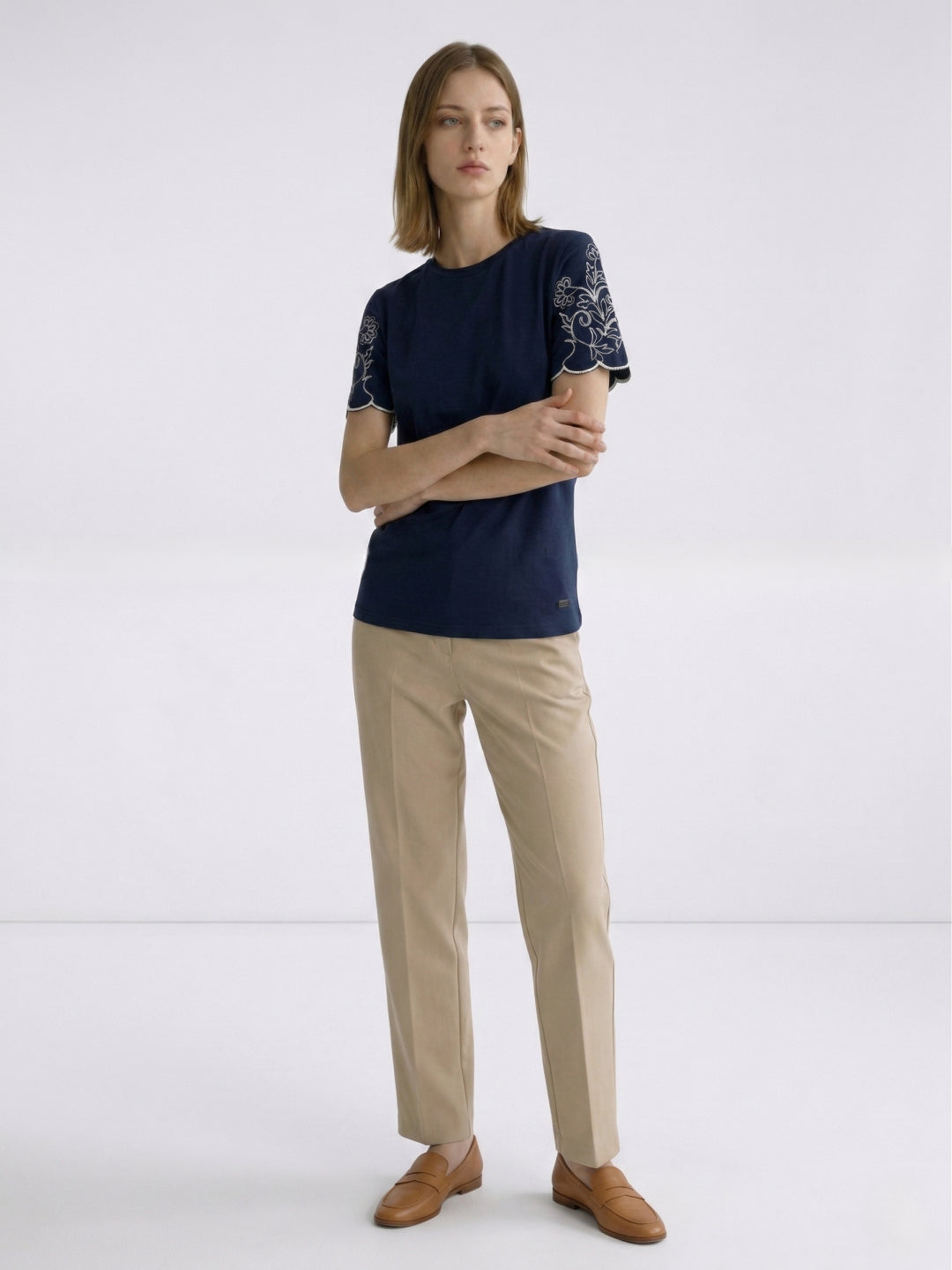Elle Women Blue Solid Regular Fit Pure Cotton T-Shirt
