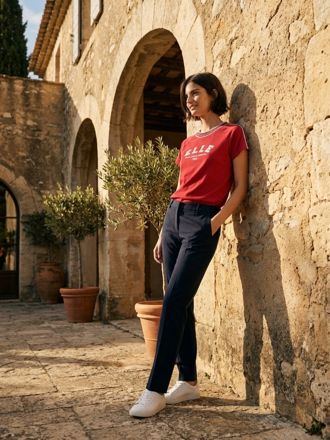 Elle Red Cotton Solid Women Tshirt