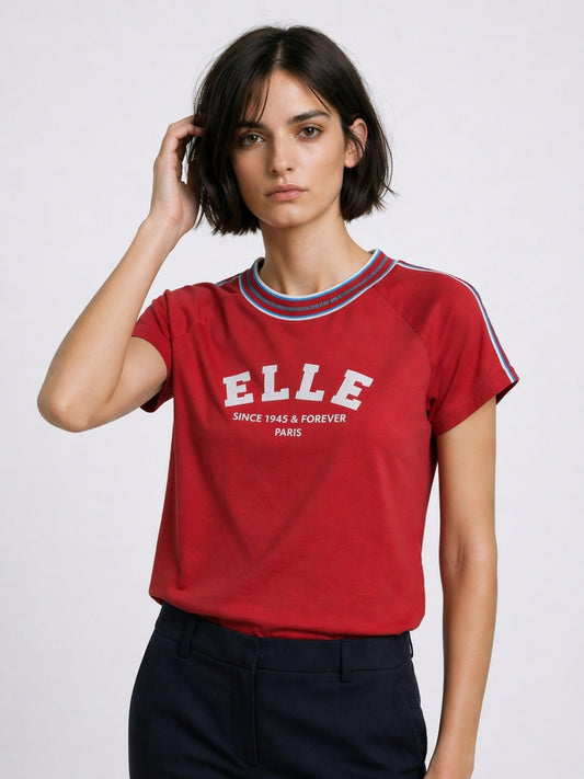 Elle Red Cotton Solid Women Tshirt