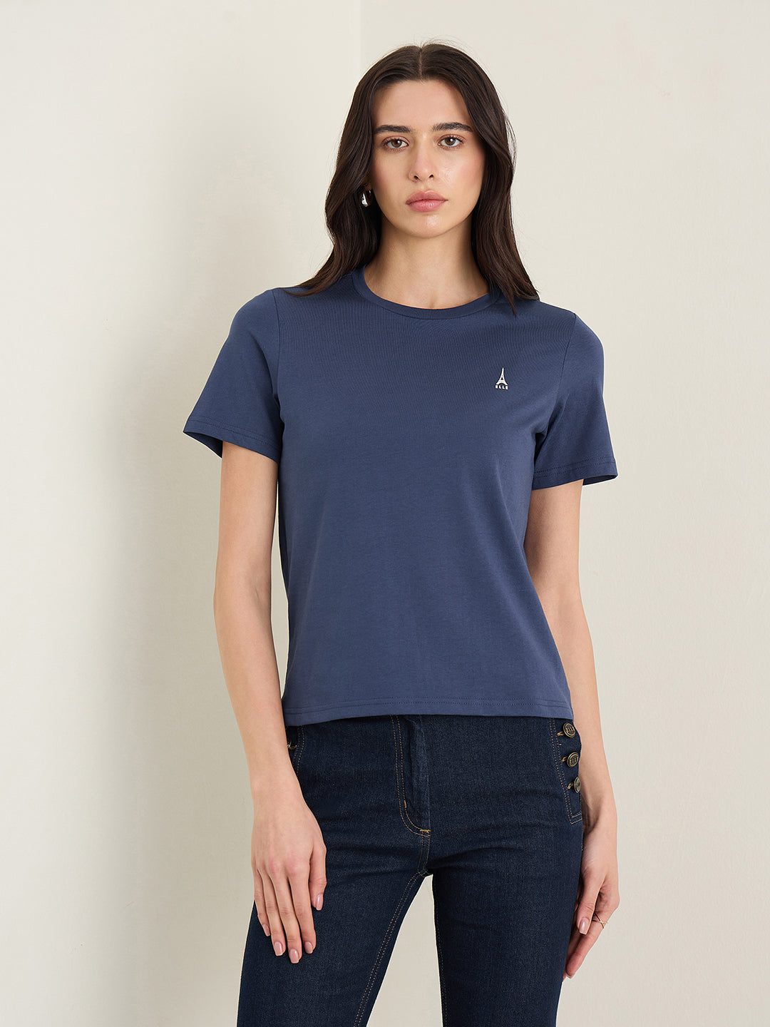 ELLE Women Navy Blue Round Neck T-Shirt