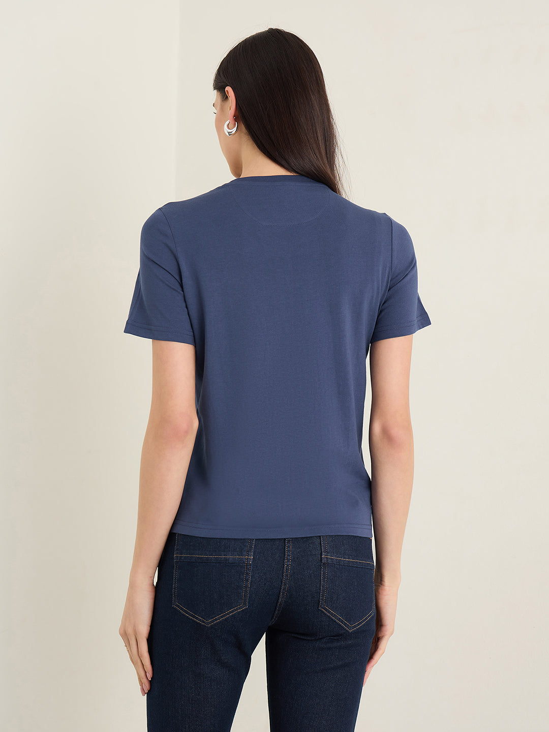 ELLE Women Navy Blue Round Neck T-Shirt