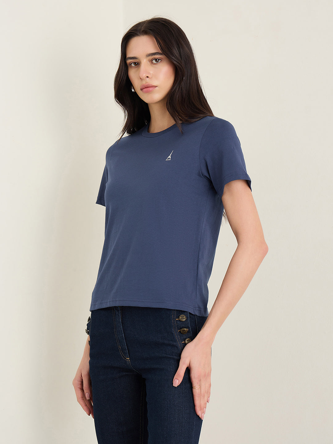 ELLE Women Navy Blue Round Neck T-Shirt