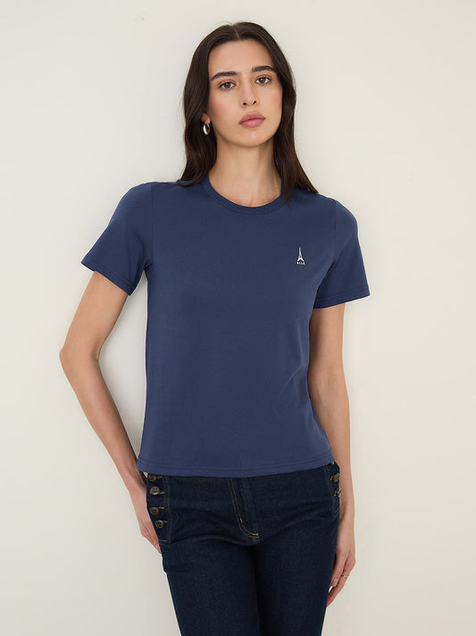 ELLE Women Navy Blue Round Neck T-Shirt