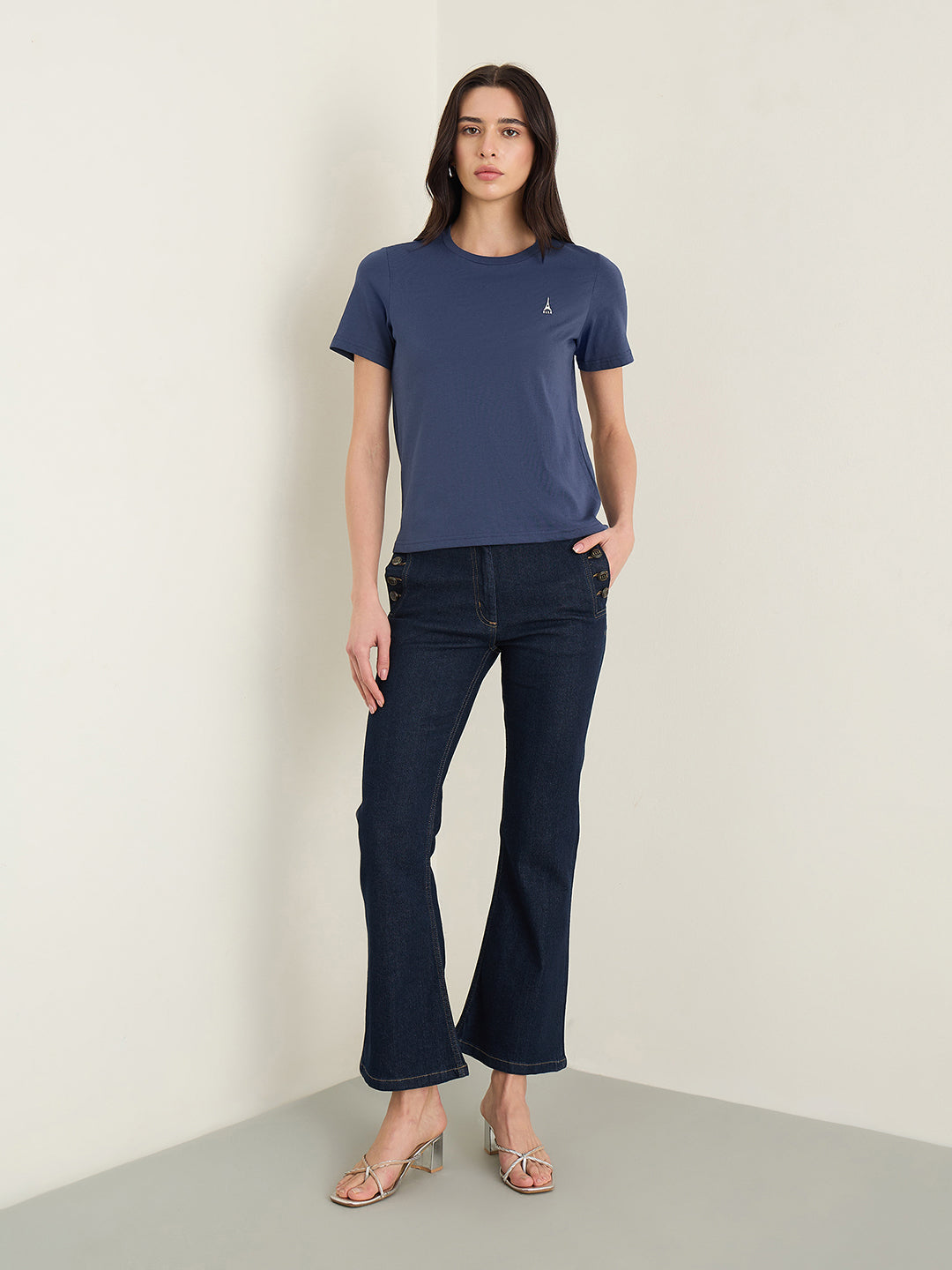 ELLE Women Navy Blue Round Neck T-Shirt