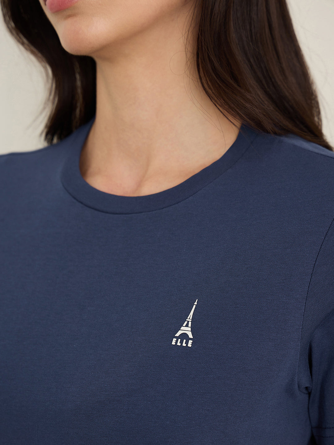 ELLE Women Navy Blue Round Neck T-Shirt