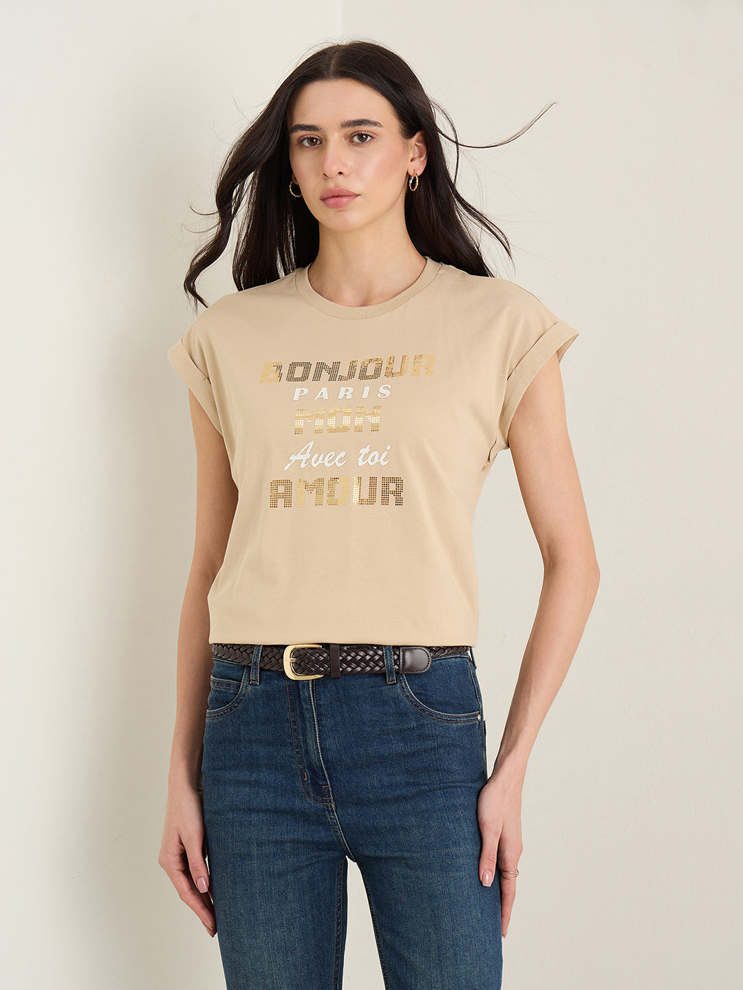Elle Women Beige Printed Regular Fit Pure Cotton T-Shirt