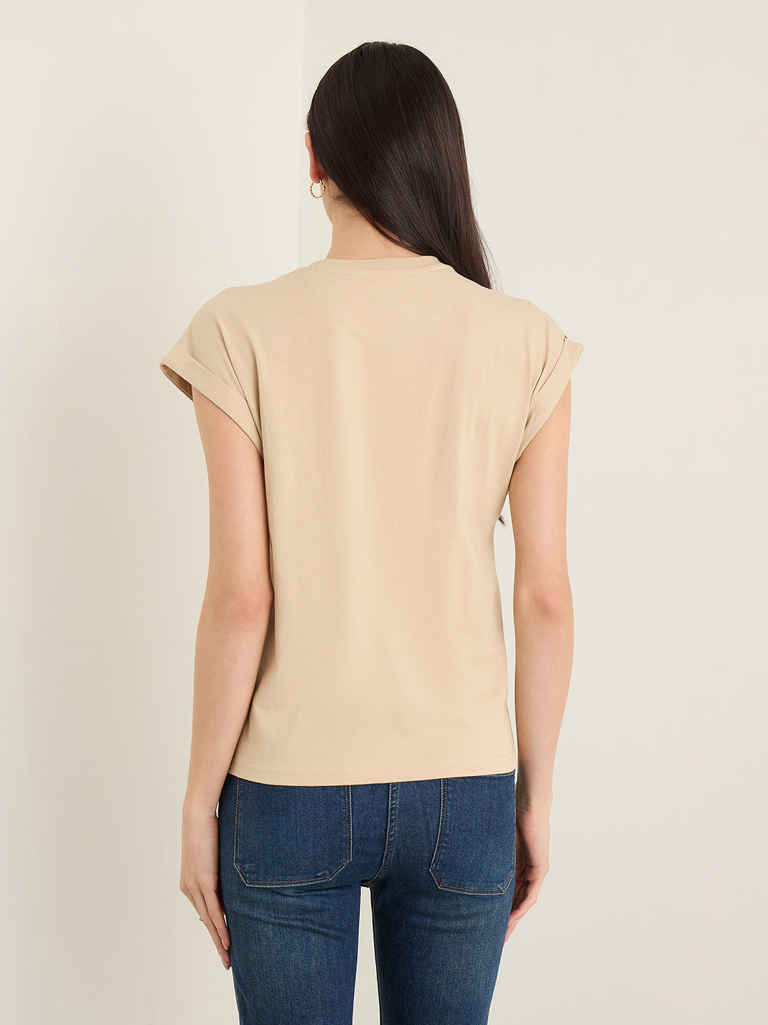 Elle Women Beige Printed Regular Fit Pure Cotton T-Shirt
