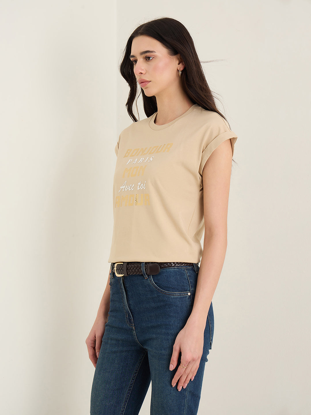 Elle Women Beige Printed Regular Fit Pure Cotton T-Shirt